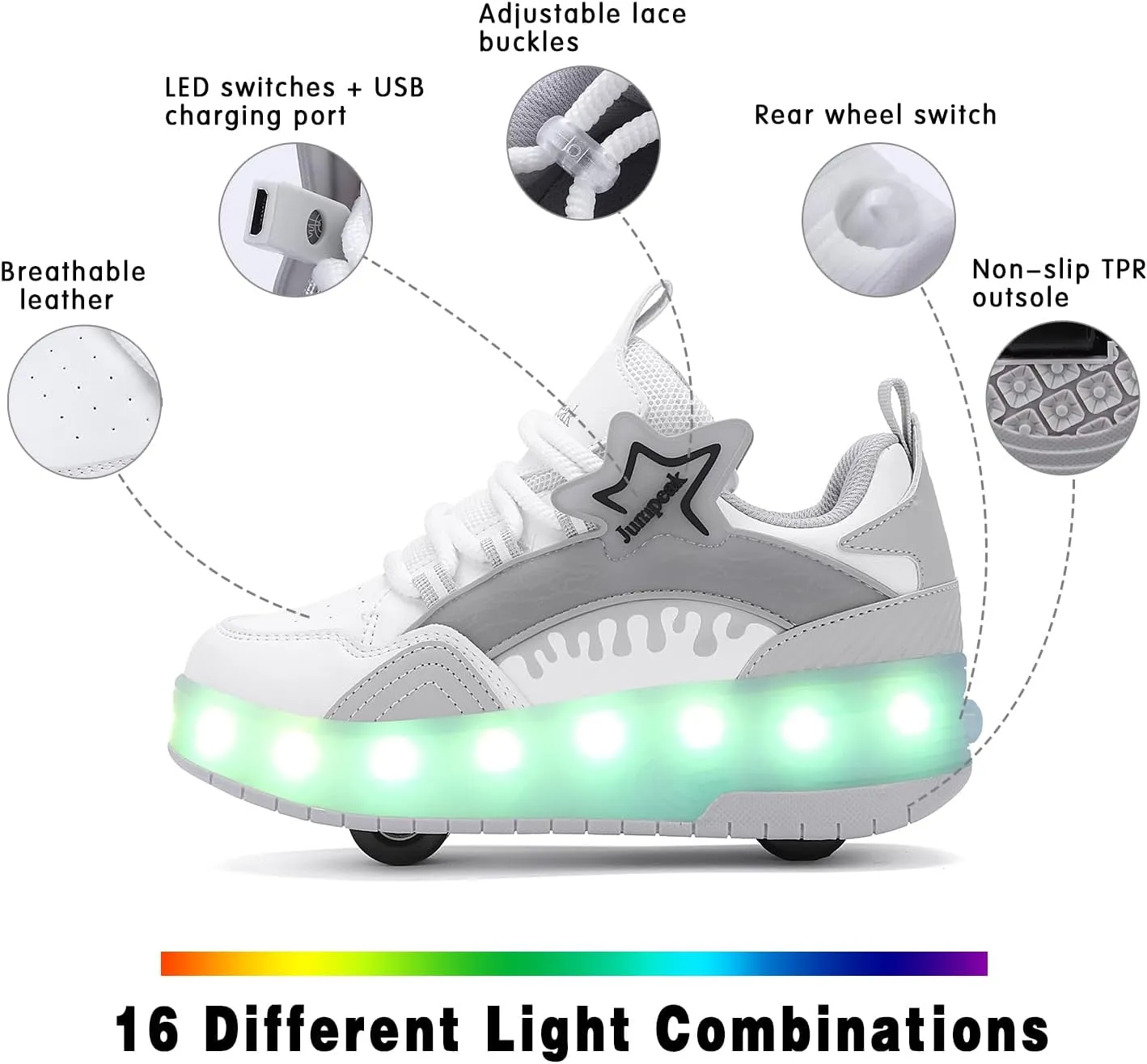 Roller Shoes with 16 LED Combinations for Girls Boys Roller Sneakers with 2-Wheels USB Rechargeable for Christmas Birthday Children Party Show Gift