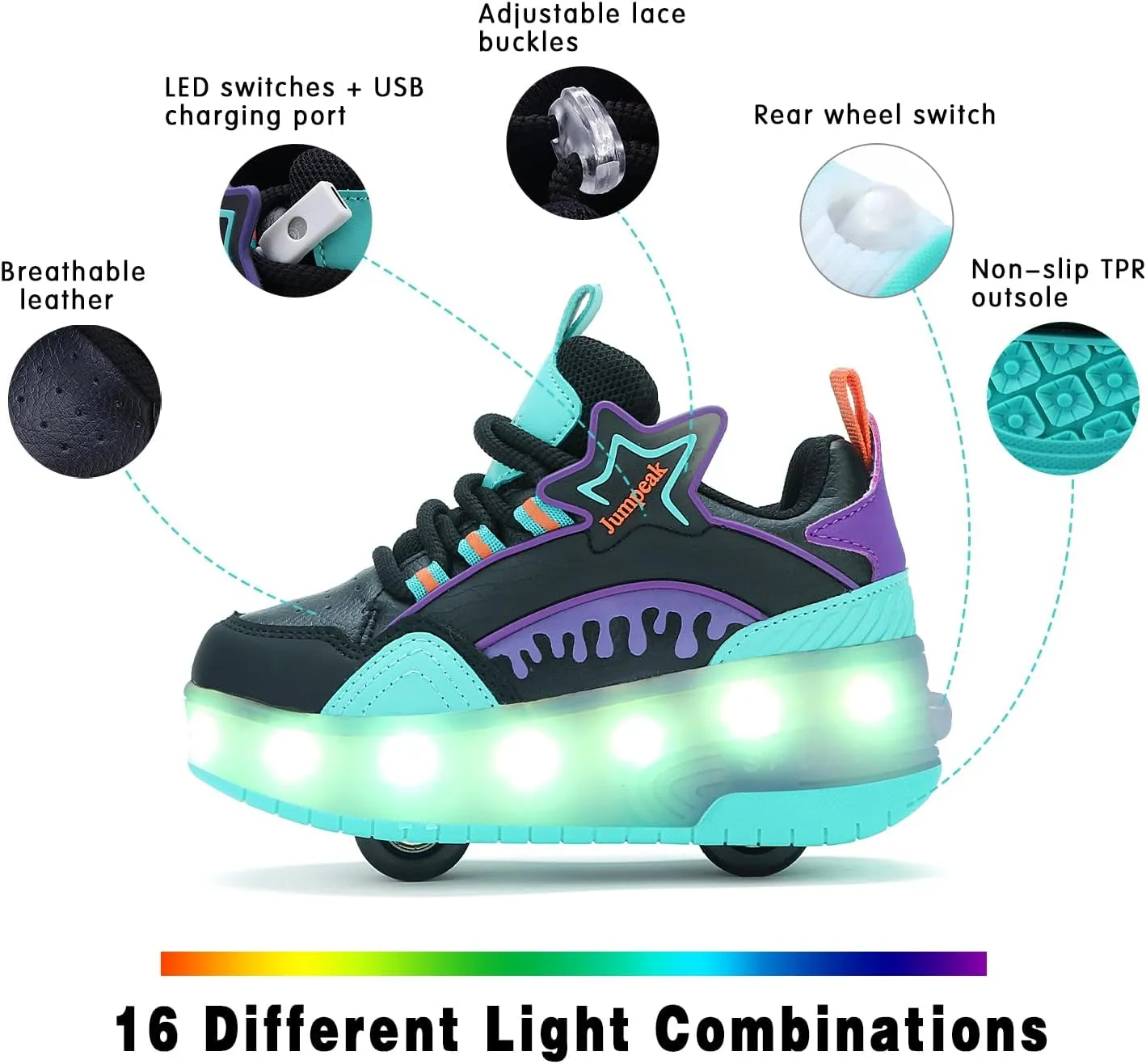 Roller Shoes with 16 LED Combinations for Girls Boys Roller Sneakers with 2-Wheels USB Rechargeable for Christmas Birthday Children Party Show Gift