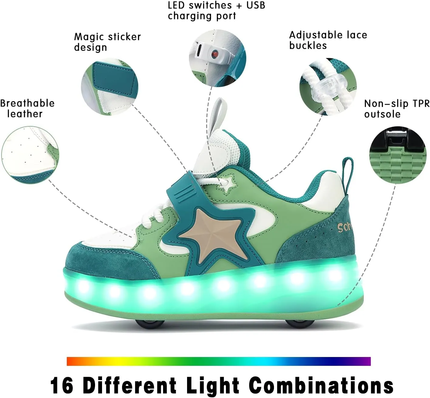 Roller Shoes with 16 LED Combinations for Girls Boys Roller Sneakers with 4-Wheels USB Rechargeable for Christmas Birthday Children Party Show Gift