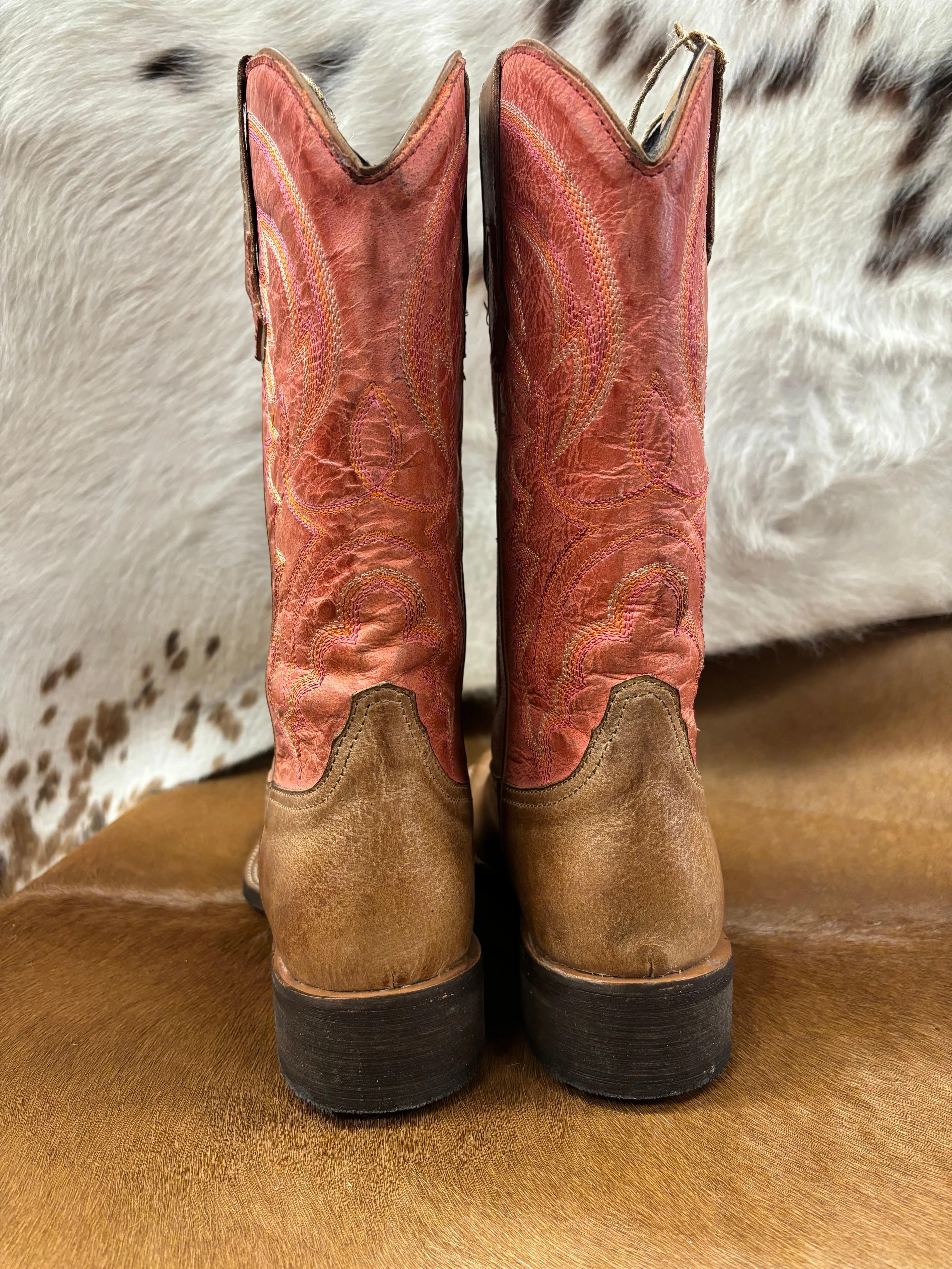 Roper Women's Lindsey Tan Burnished Leather & Red Top Square Toe Cowgirl Boots 0910-3528