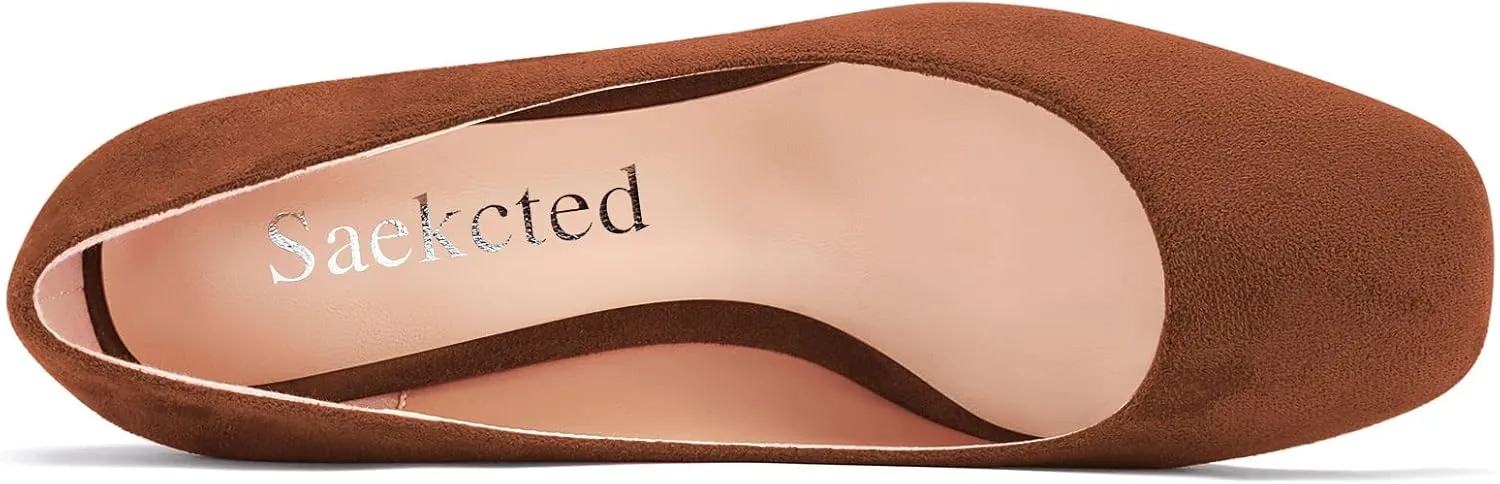 Saekcted Women Chunky Block Wedge Heel Close Square Toe Slip-on Pumps Classic Cute Dress Party 2.0 Inches Heels Shoes