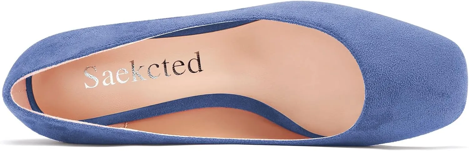 Saekcted Women Chunky Block Wedge Heel Close Square Toe Slip-on Pumps Classic Cute Dress Party 2.0 Inches Heels Shoes