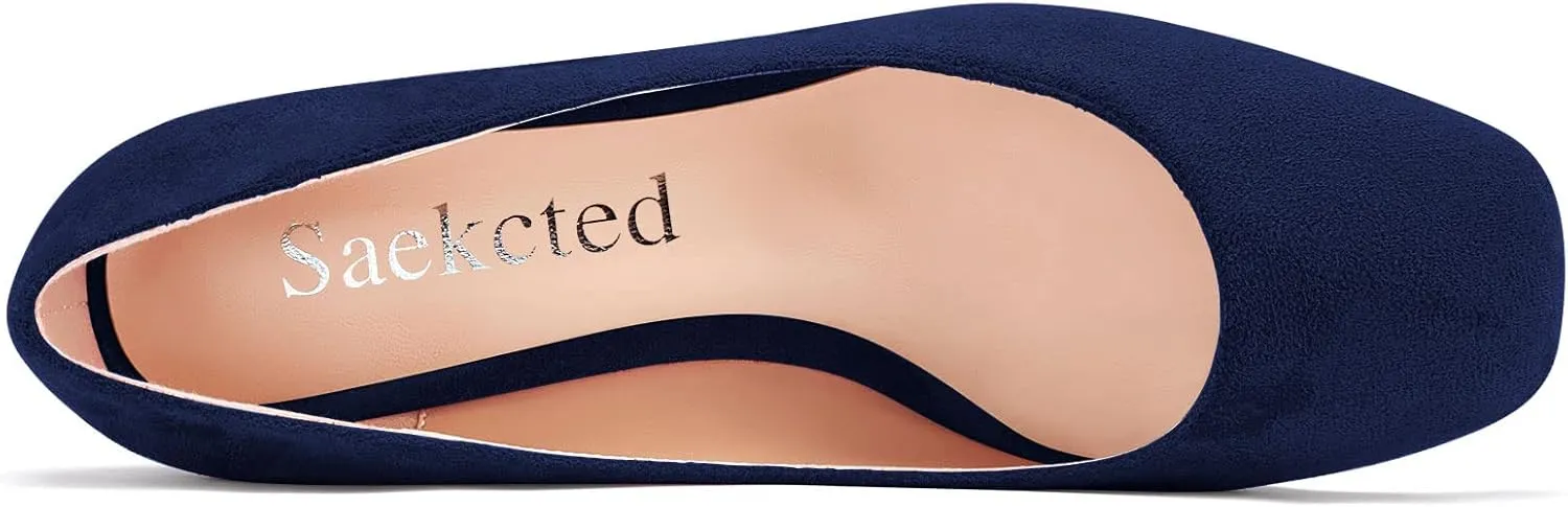 Saekcted Women Chunky Block Wedge Heel Close Square Toe Slip-on Pumps Classic Cute Dress Party 2.0 Inches Heels Shoes