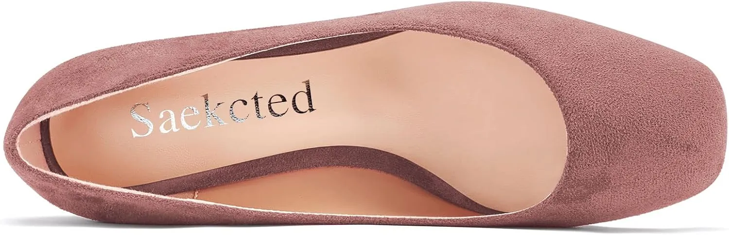 Saekcted Women Chunky Block Wedge Heel Close Square Toe Slip-on Pumps Classic Cute Dress Party 2.0 Inches Heels Shoes