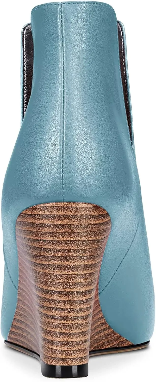 Saekcted Women High Wedge Heel Close Pointed Toe Ankle Boots Short Bootie Two-Piece Classic Slip-on Shoes