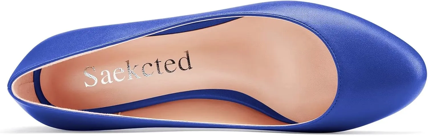 Saekcted Women Low Kitten Heel Round Toe Slip-on Pumps Wedding Cute 1.4 Inches Heels