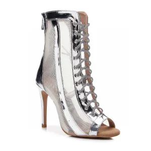 Sierra - Silver Open Toe Lace Up Patent Leather and Mesh Latin Dance Booties (Street Sole)