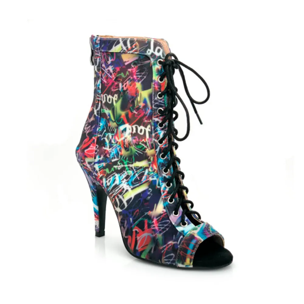 Sierralynn - Graffiti Print Open Toe Lace Up Dance Booties (Street Sole)