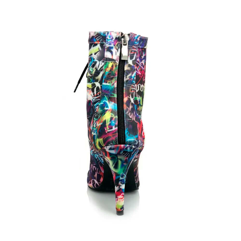 Sierralynn - Graffiti Print Open Toe Lace Up Dance Booties (Street Sole)