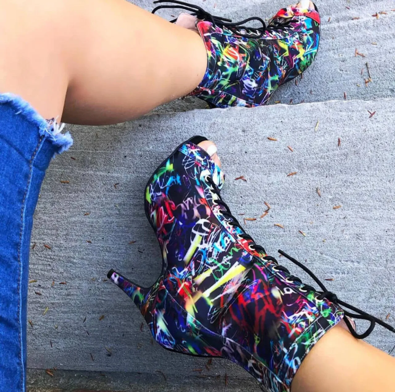 Sierralynn - Graffiti Print Open Toe Lace Up Dance Booties (Street Sole)