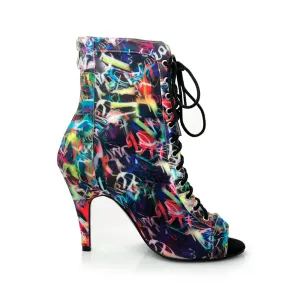 Sierralynn - Graffiti Print Open Toe Lace Up Dance Booties (Street Sole)