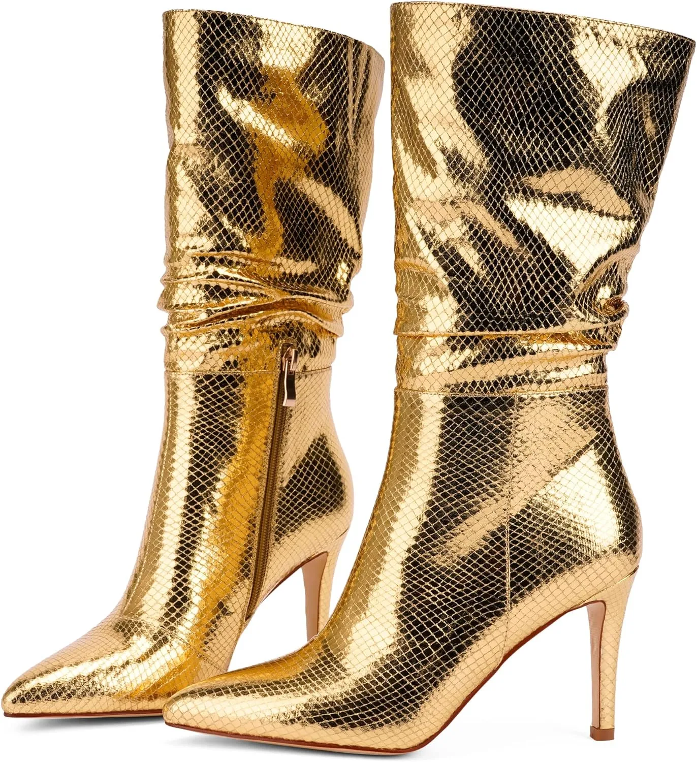 Silver Snakeskin Metallic Stiletto Heel Mid Calf Boots