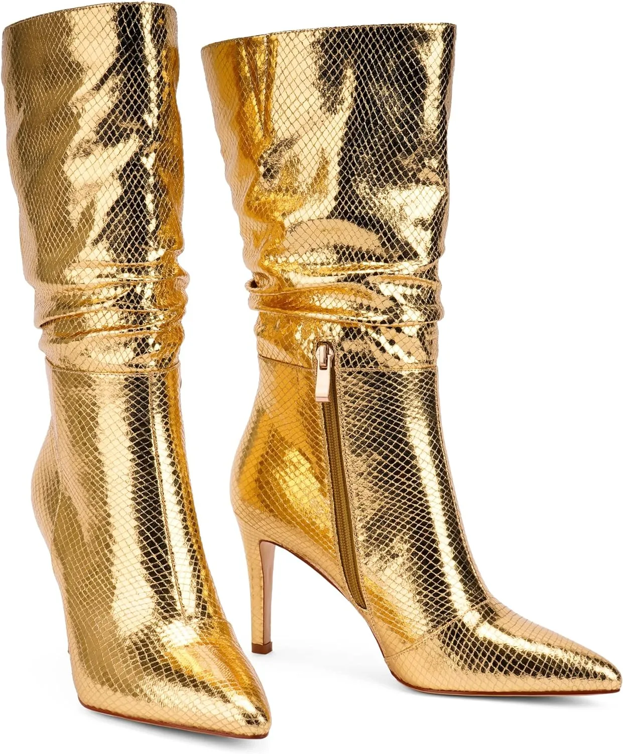 Silver Snakeskin Metallic Stiletto Heel Mid Calf Boots