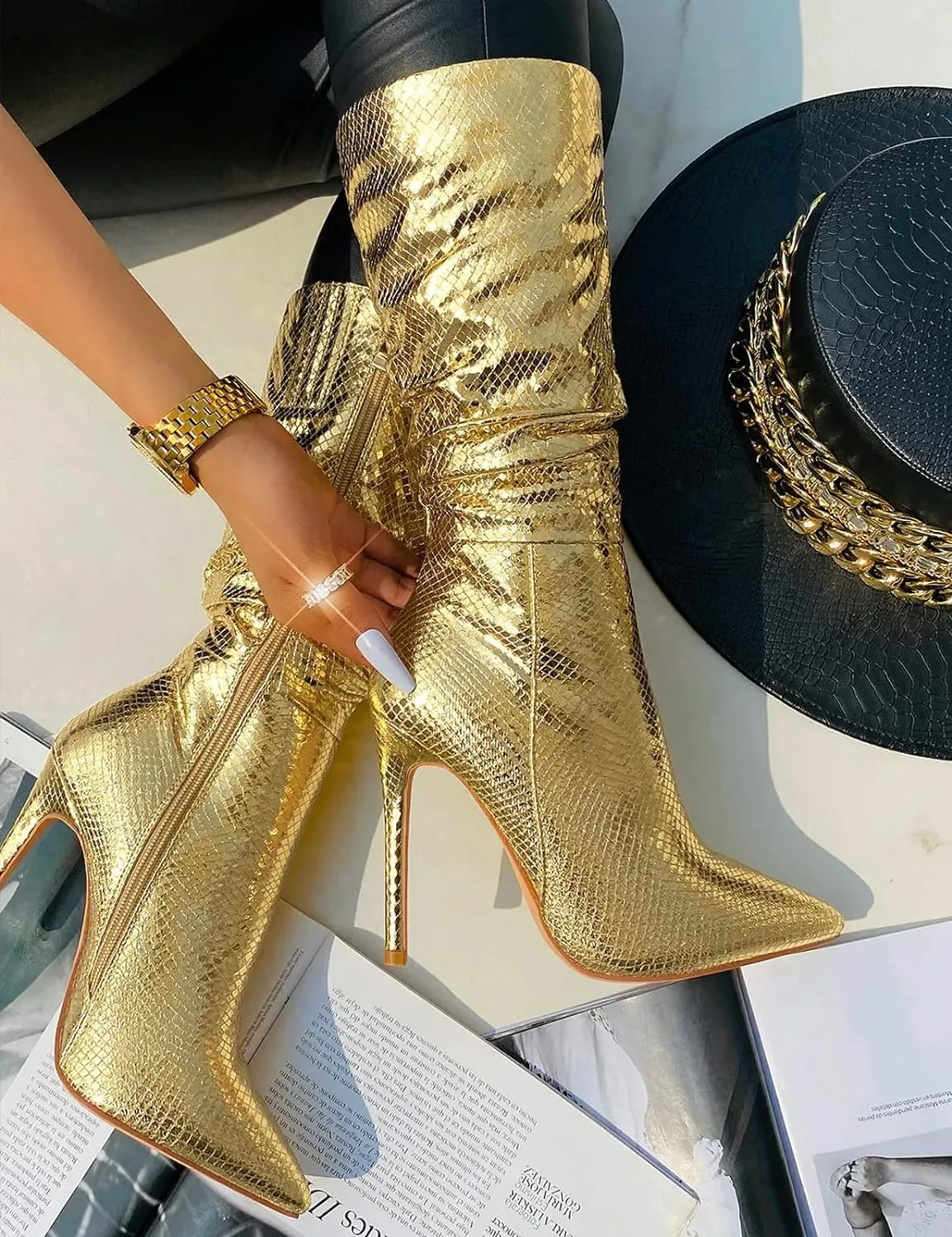 Silver Snakeskin Metallic Stiletto Heel Mid Calf Boots