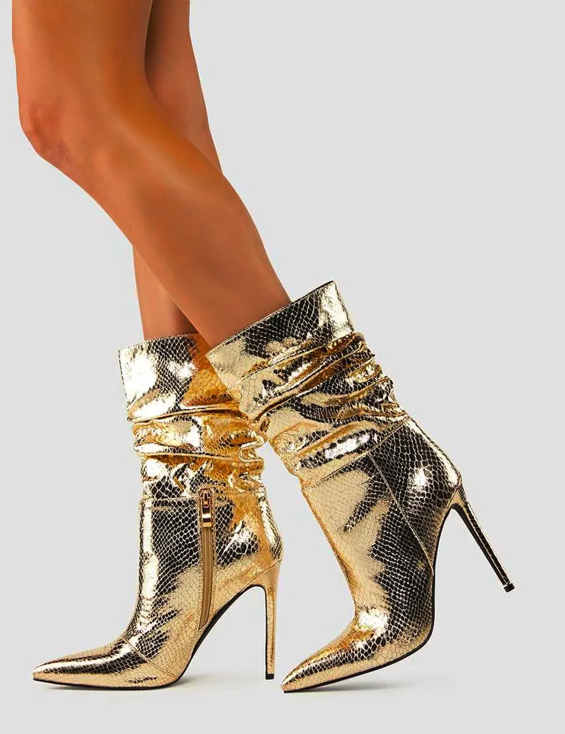 Silver Snakeskin Metallic Stiletto Heel Mid Calf Boots