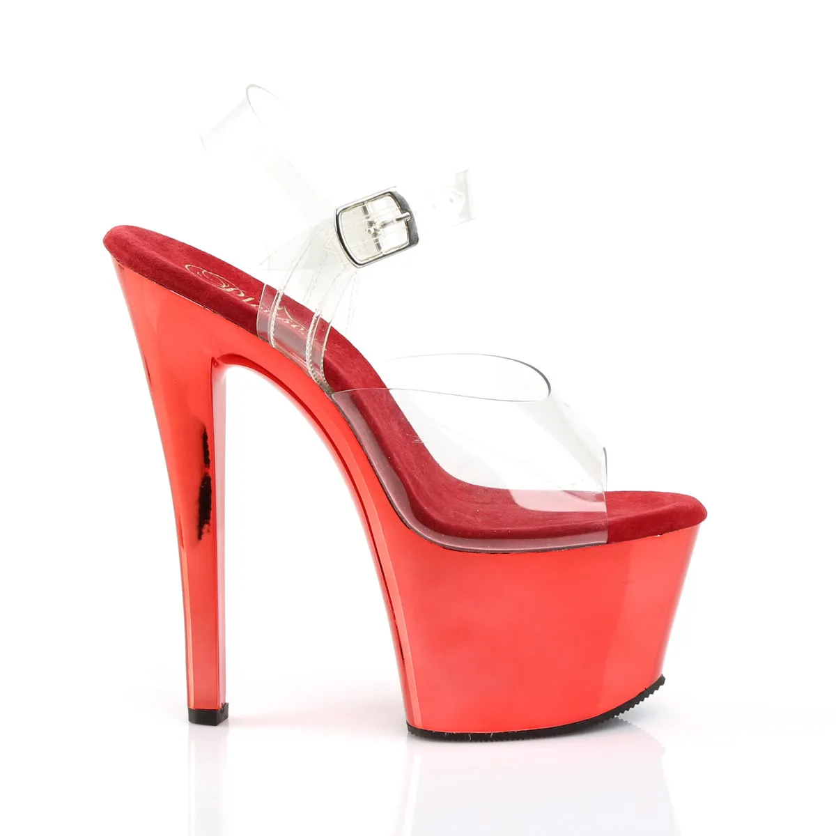 SKY-308 Sexy Shoes 7 Inch Heel Clear and Red Chrome Stripper Platforms High Heels