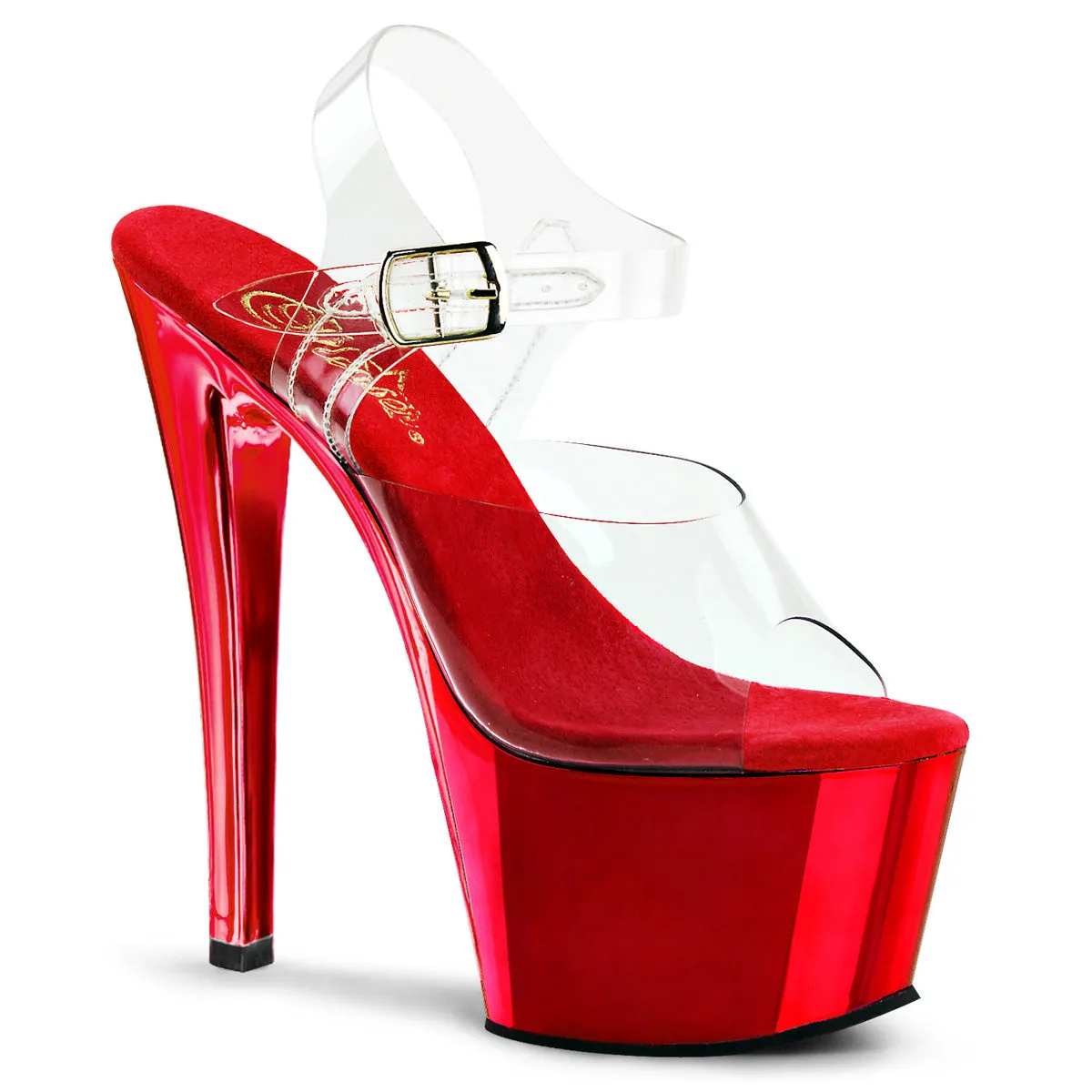 SKY-308 Sexy Shoes 7 Inch Heel Clear and Red Chrome Stripper Platforms High Heels