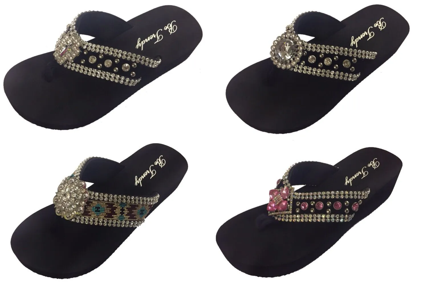 Slip-On Thong Sandals with Stone Embellishments