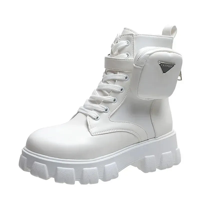 Taraji Motorcycle Ankle Boots Wedges Lace Up Platform Shoes (White Black Leather)