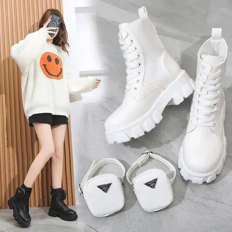 Taraji Motorcycle Ankle Boots Wedges Lace Up Platform Shoes (White Black Leather)