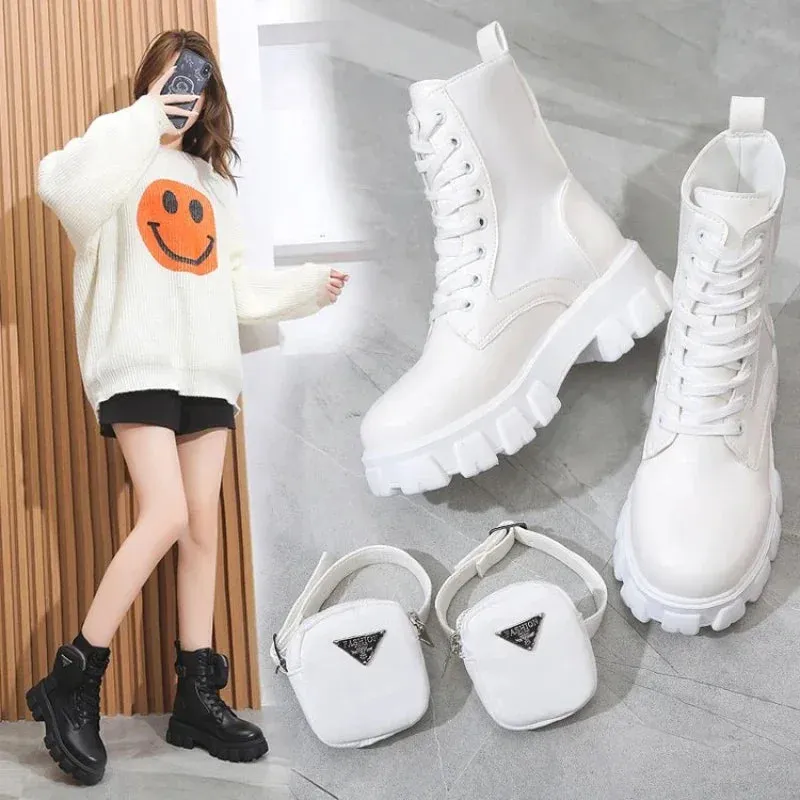 Taraji Motorcycle Ankle Boots Wedges Lace Up Platform Shoes (White Black Leather)