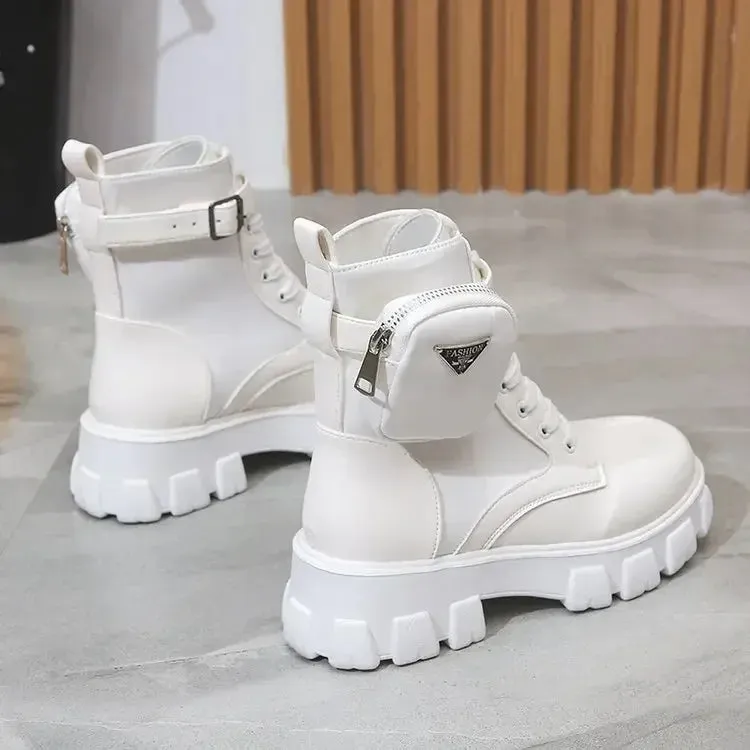 Taraji Motorcycle Ankle Boots Wedges Lace Up Platform Shoes (White Black Leather)