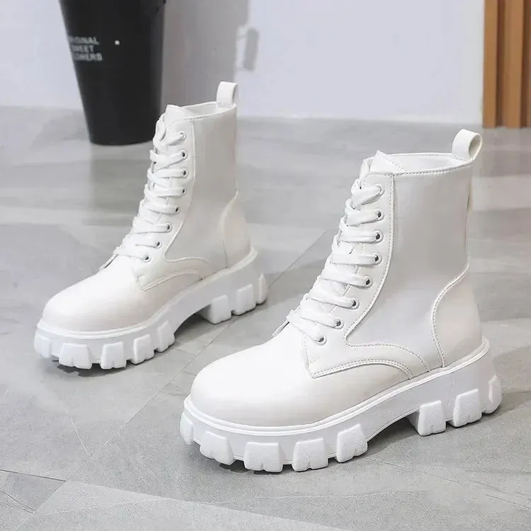 Taraji Motorcycle Ankle Boots Wedges Lace Up Platform Shoes (White Black Leather)