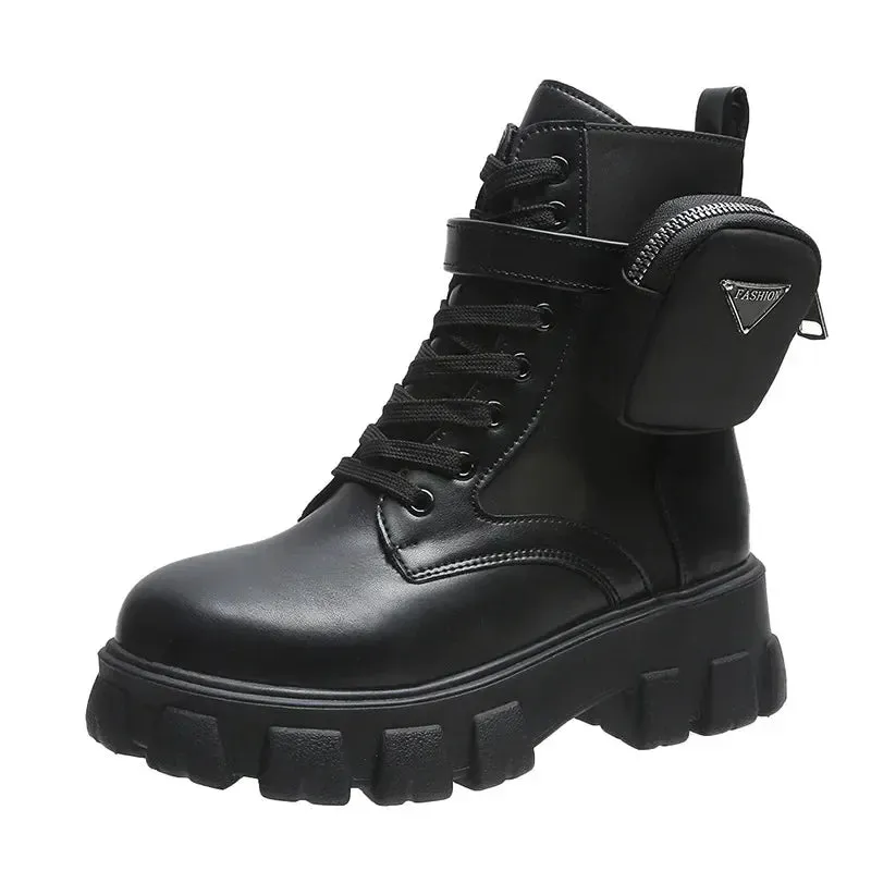 Taraji Motorcycle Ankle Boots Wedges Lace Up Platform Shoes (White Black Leather)