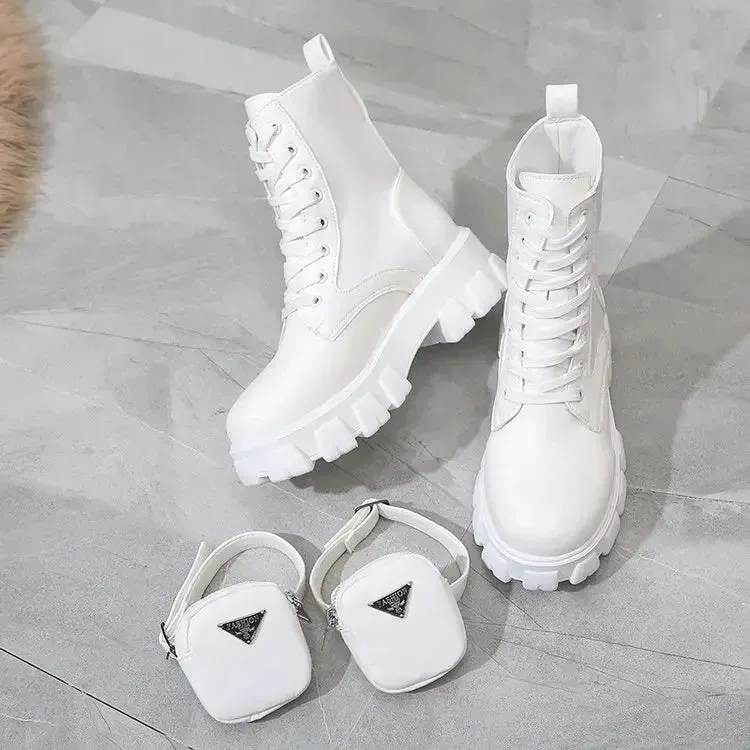Taraji Motorcycle Ankle Boots Wedges Lace Up Platform Shoes (White Black Leather)