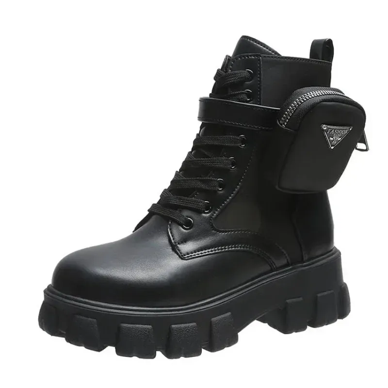 Taraji Motorcycle Ankle Boots Wedges Lace Up Platform Shoes (White Black Leather)