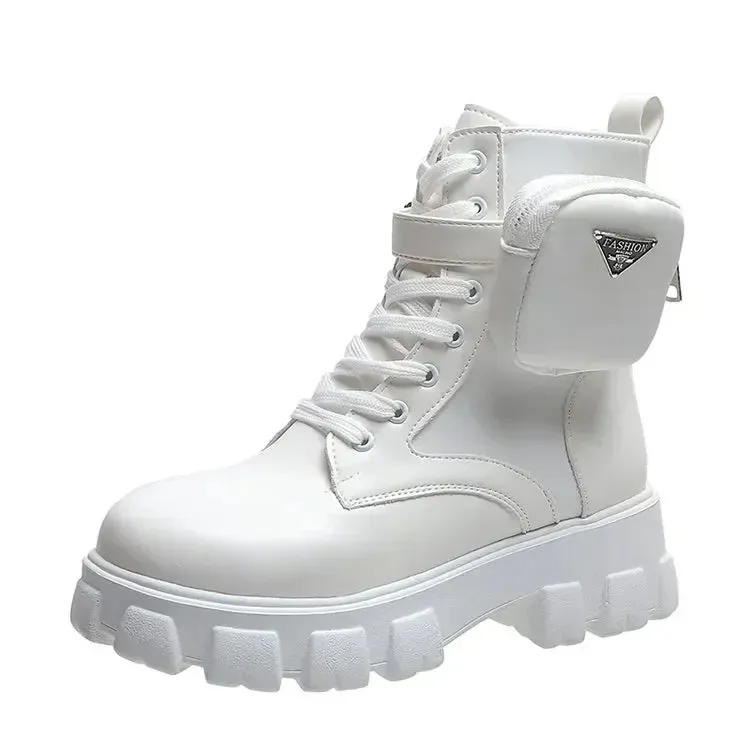 Taraji Motorcycle Ankle Boots Wedges Lace Up Platform Shoes (White Black Leather)