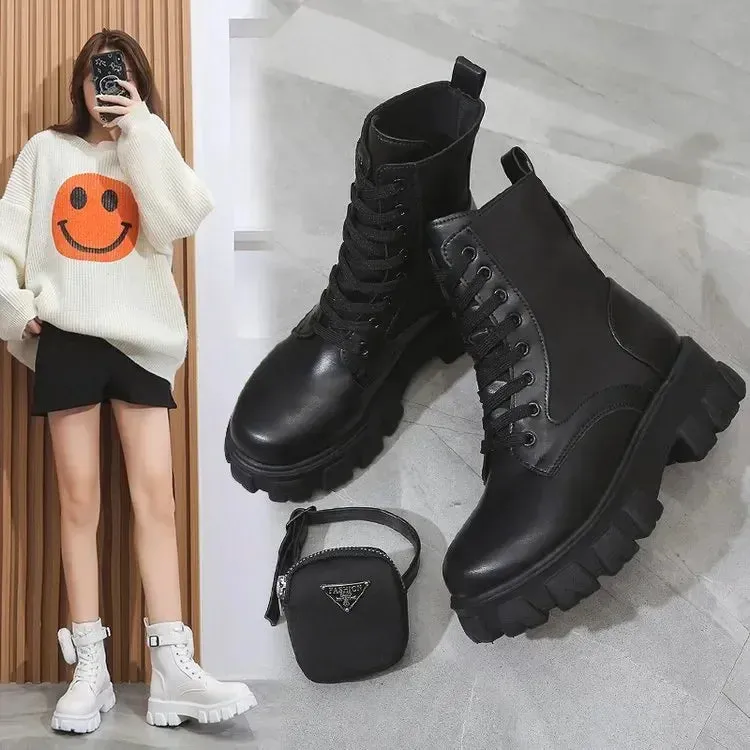 Taraji Motorcycle Ankle Boots Wedges Lace Up Platform Shoes (White Black Leather)