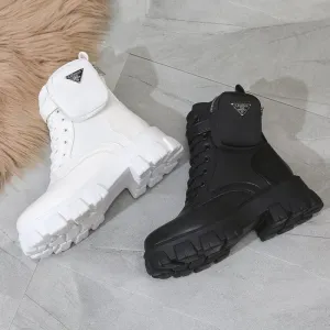 Taraji Motorcycle Ankle Boots Wedges Lace Up Platform Shoes (White Black Leather)