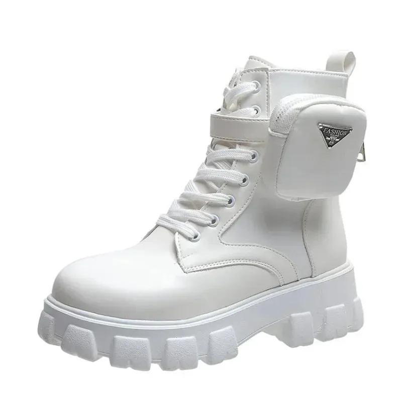 Taraji Motorcycle Ankle Boots Wedges Lace Up Platform Shoes (White Black Leather)