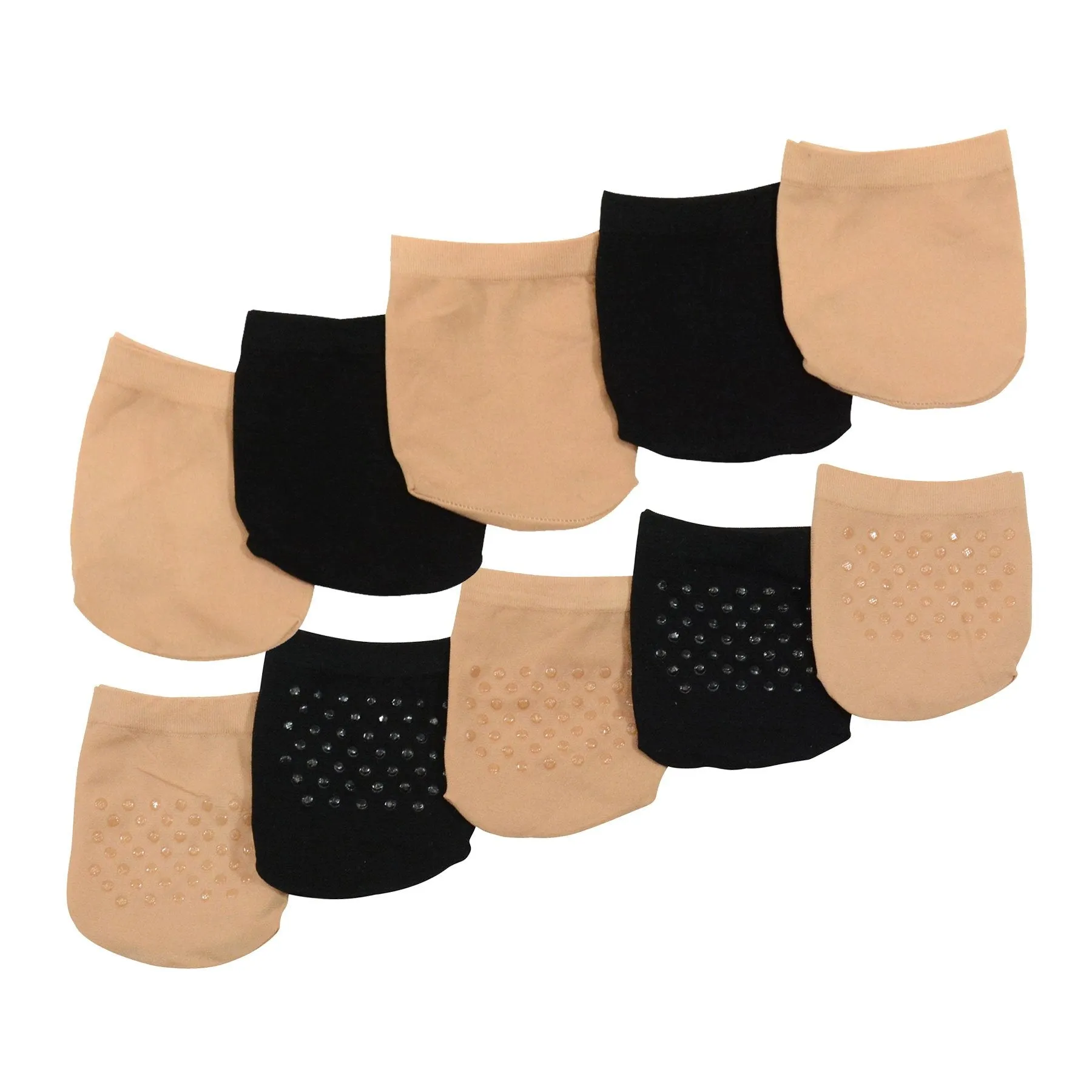 TeeHee Socks Women's Toe Topper Nylon No Show Pale Beige, Black 5-Pack (11785)