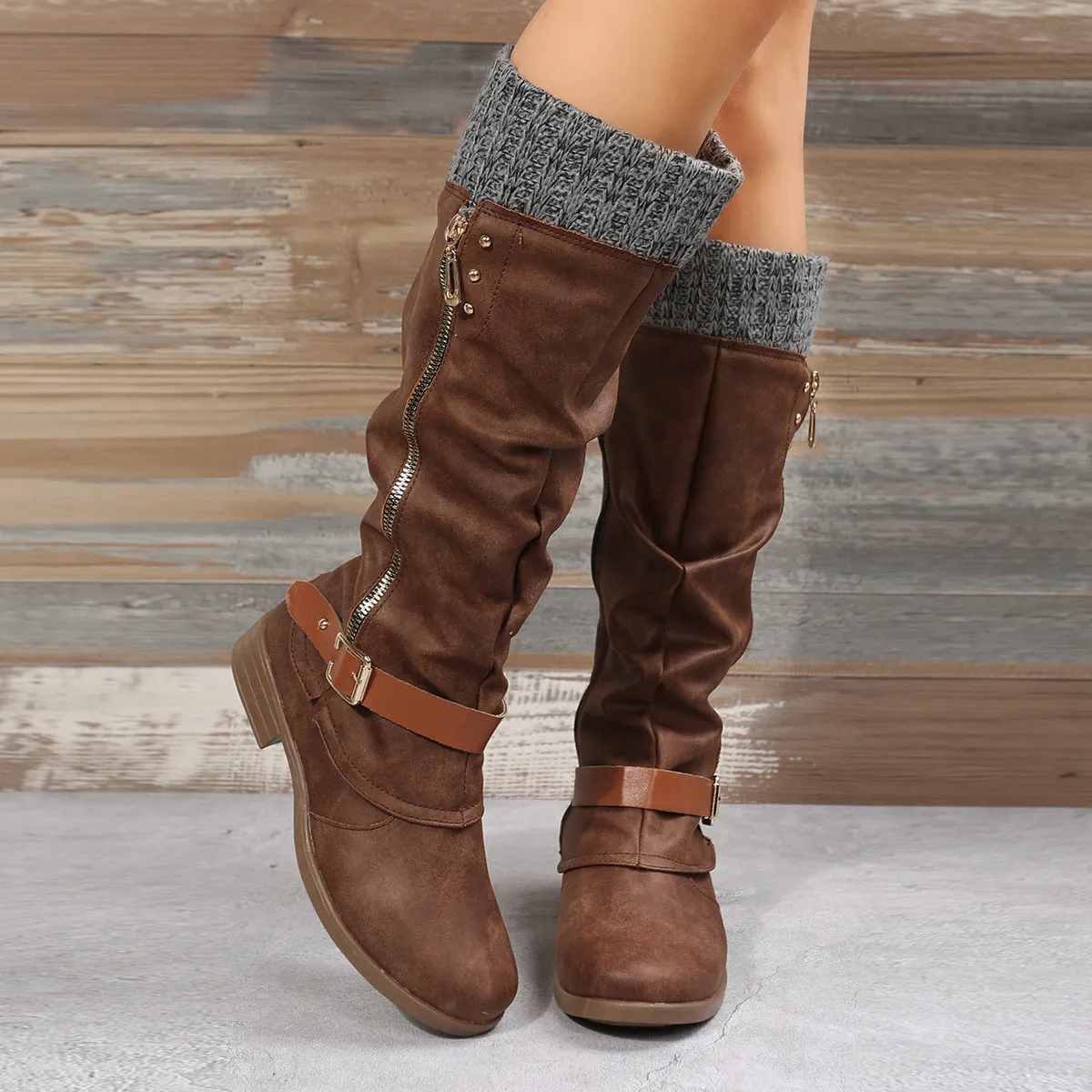 Tillbuy  Knit Patchwork Knee High Boots