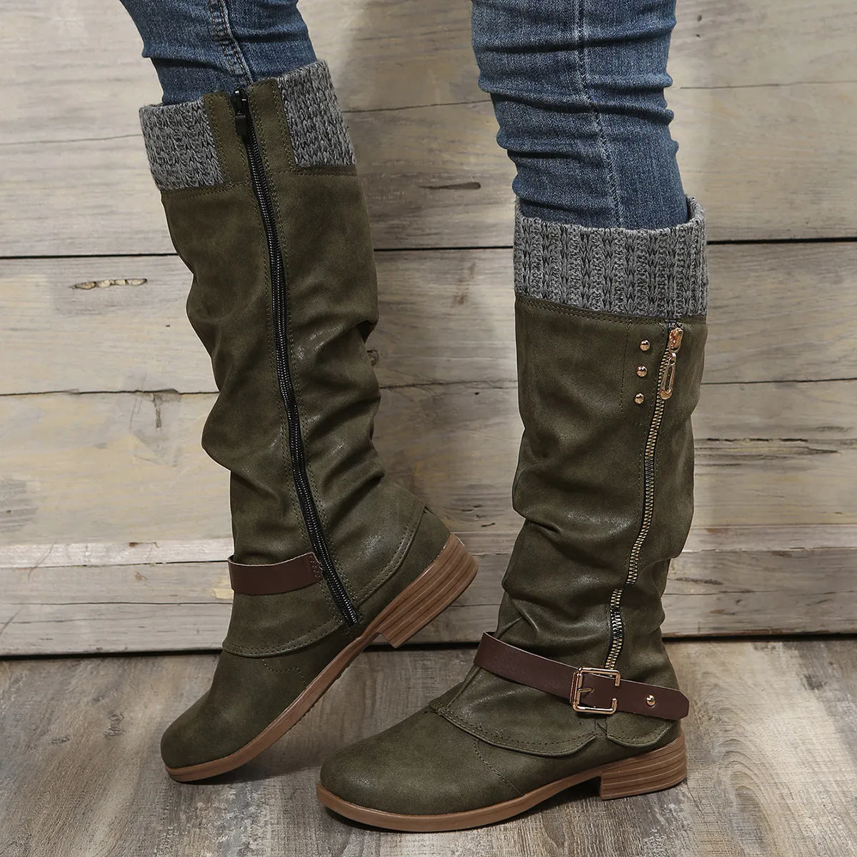 Tillbuy  Knit Patchwork Knee High Boots