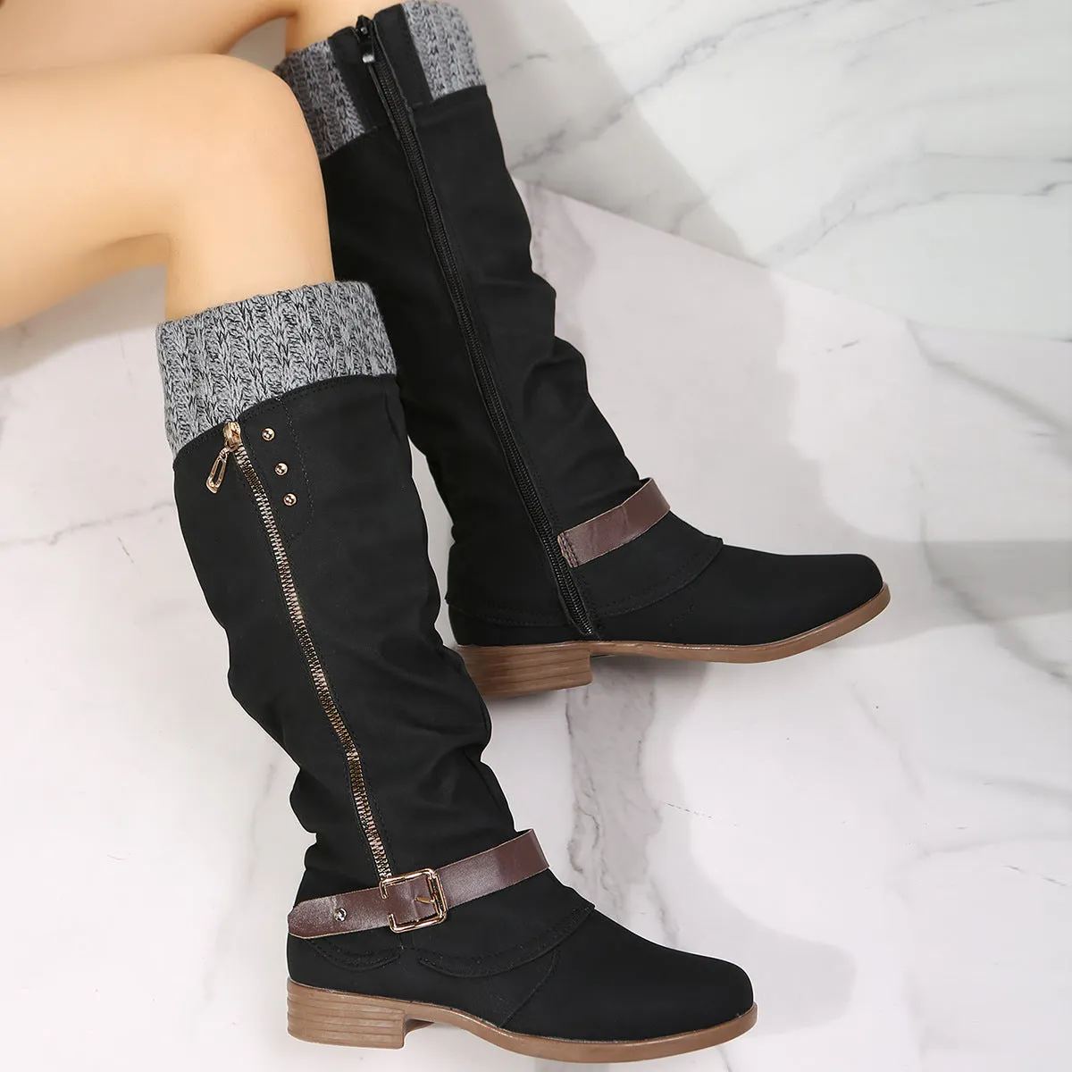 Tillbuy  Knit Patchwork Knee High Boots