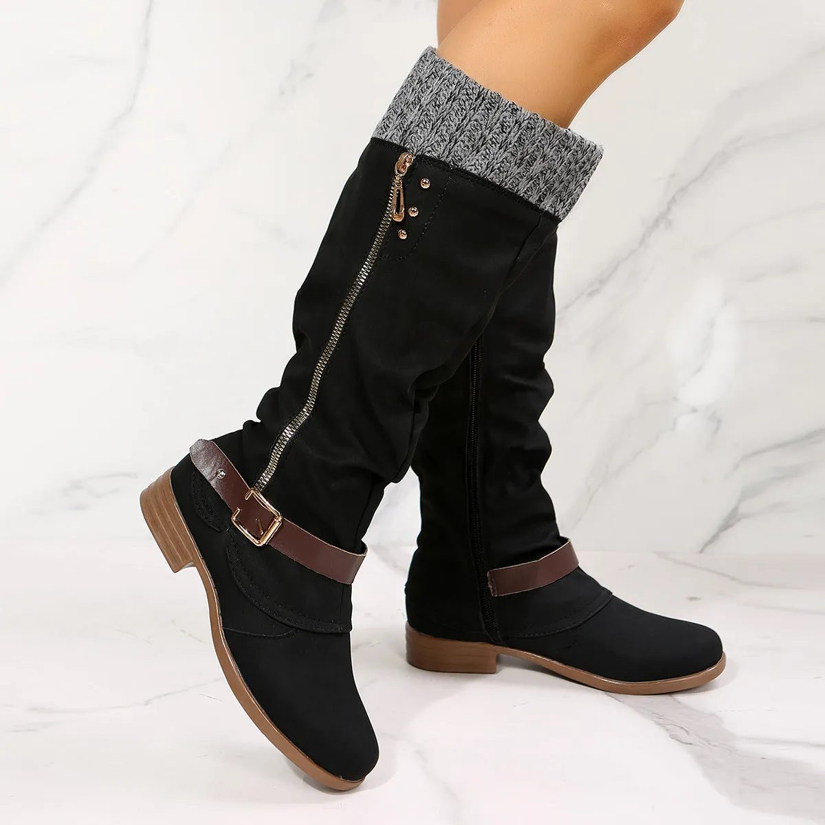 Tillbuy  Knit Patchwork Knee High Boots