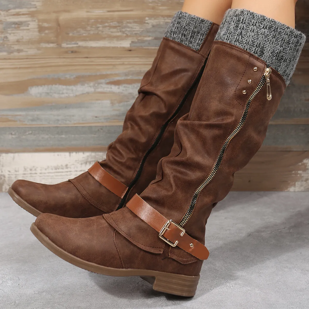 Tillbuy  Knit Patchwork Knee High Boots