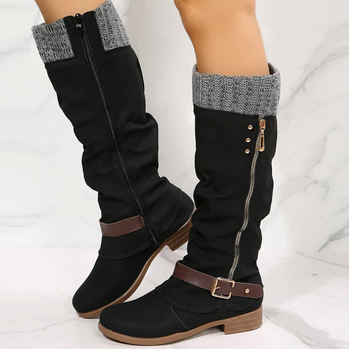Tillbuy  Knit Patchwork Knee High Boots