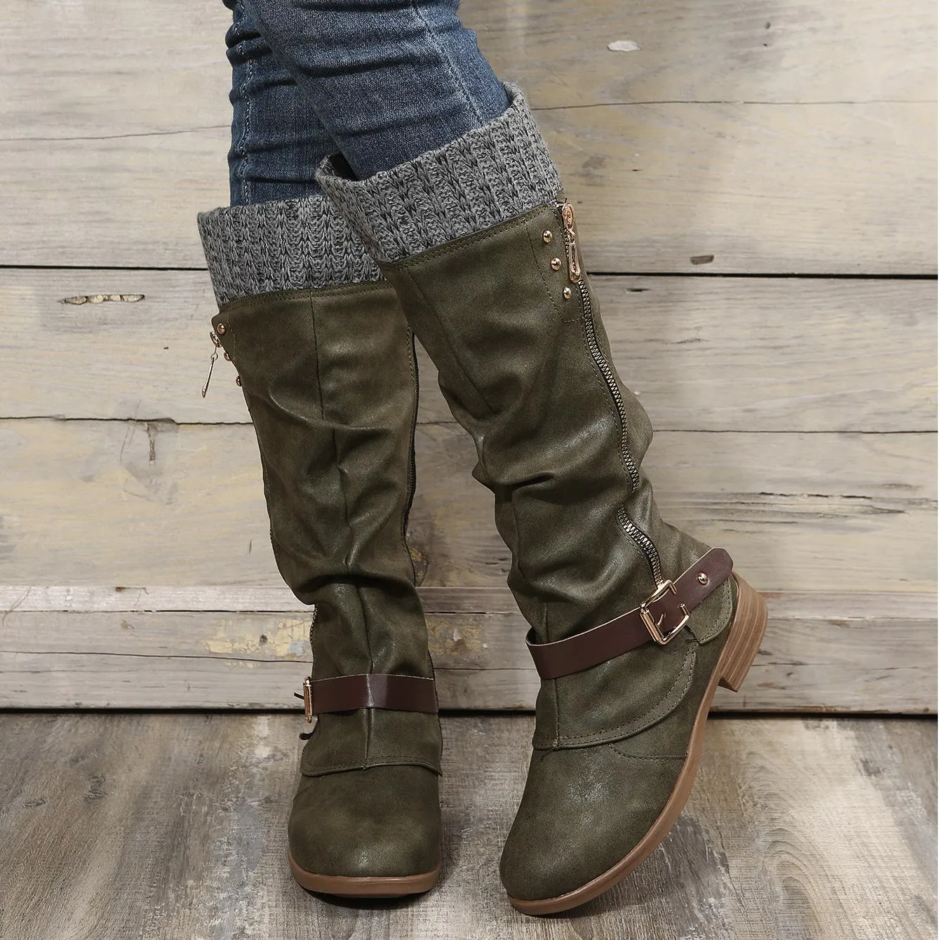 Tillbuy  Knit Patchwork Knee High Boots