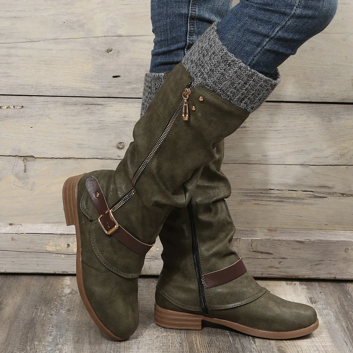 Tillbuy  Knit Patchwork Knee High Boots