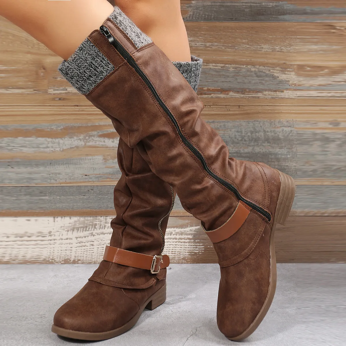 Tillbuy  Knit Patchwork Knee High Boots