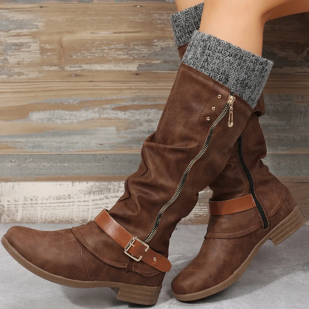 Tillbuy  Knit Patchwork Knee High Boots