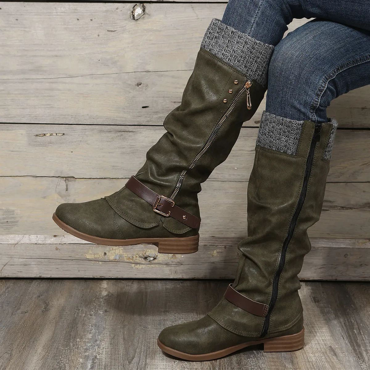 Tillbuy  Knit Patchwork Knee High Boots