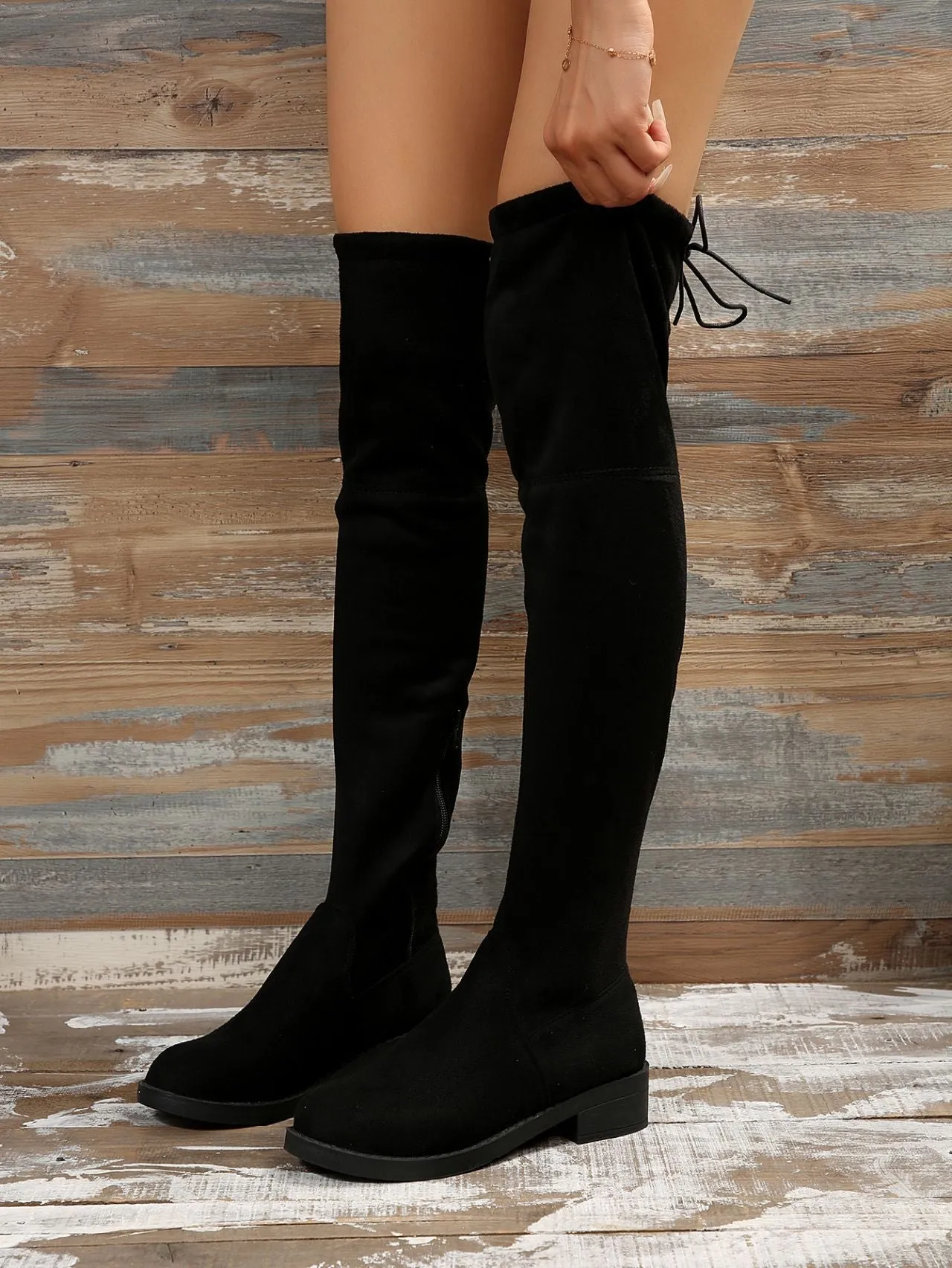 Tillbuy Women's Thigh High Fashion Boots Over The Knee Black Low Flat Heel Boots