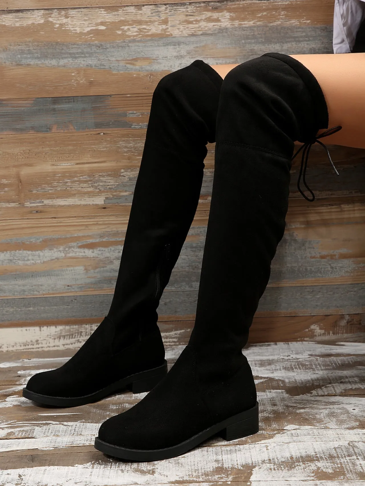 Tillbuy Women's Thigh High Fashion Boots Over The Knee Black Low Flat Heel Boots