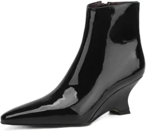 TinaCus Handmade Women's Patent Leather Pointed Toe Zipper Wedge Heel Ankle Booties