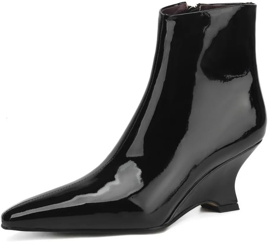 TinaCus Handmade Women's Patent Leather Pointed Toe Zipper Wedge Heel Ankle Booties